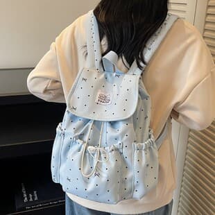 Atmospheric Small Backpack with Polka Dots and Bow Drawstring, Minimalist Backpack for College Women, Commute and Travel Daypack