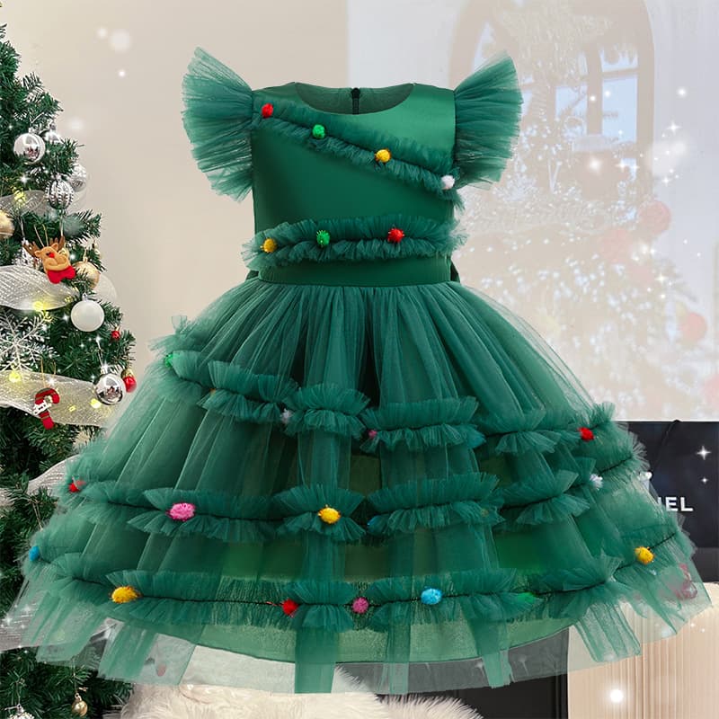 New export Christmas party dress for girls, princess dress with bow, solid color dress, children's evening dress