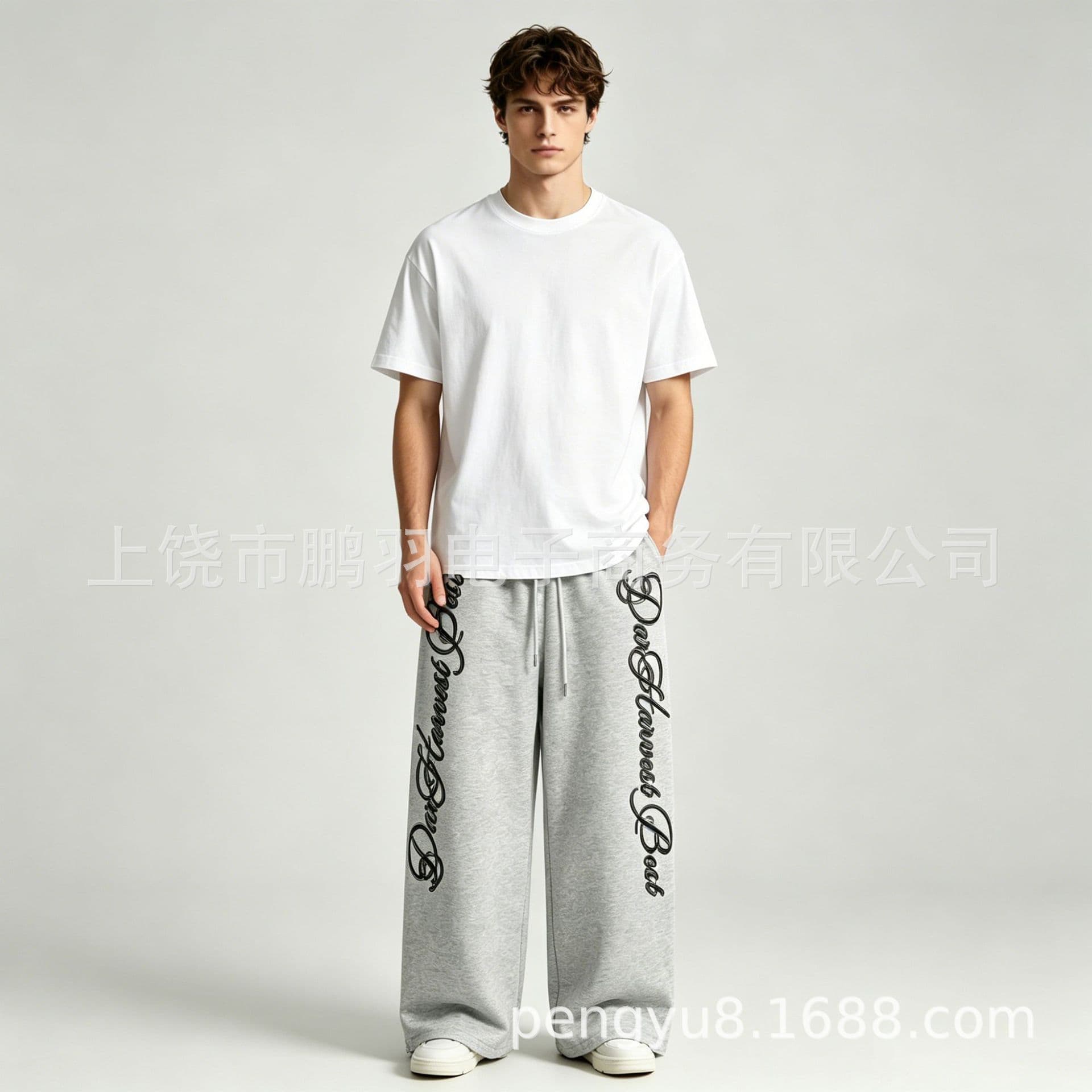 High Street Hip Hop Straight Leg Pants for Men and Women Y2K Retro Harajuku Printed Fleece-Lined Drawstring Pants Oversized Casual Pants