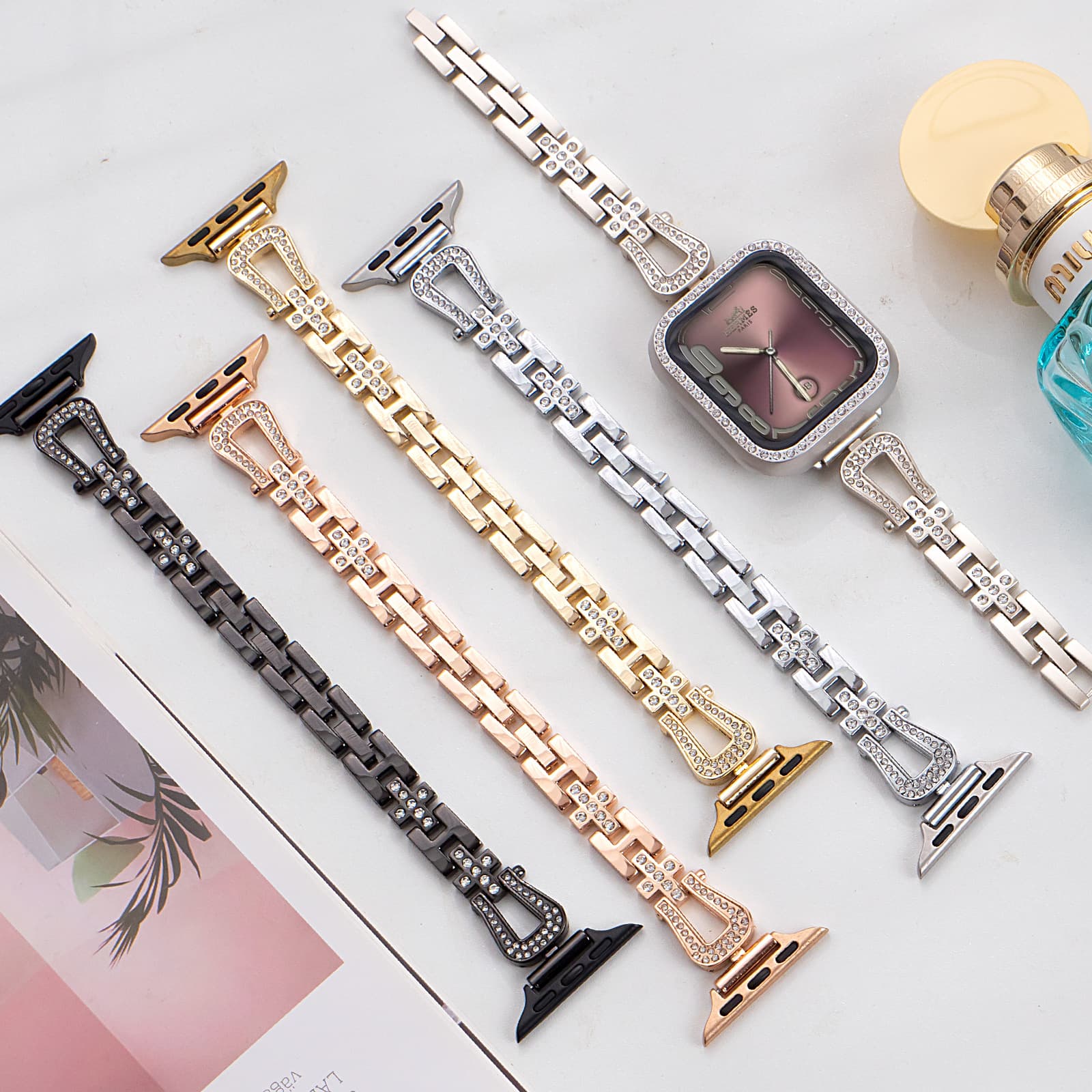 Compatible with Apple Watch iWatch S11 Band U-Shaped Diamond Chain Metal Link Apple Watch S10 Band