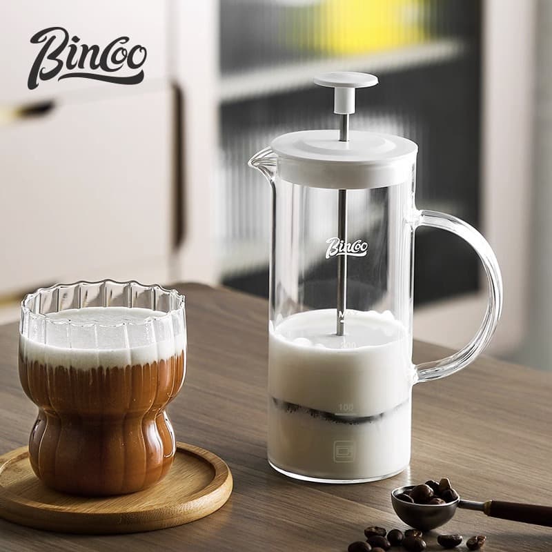Bincoo French Press Glass Pour-Over Coffee Maker, Manual Milk Frothing Device, Small Household Tea Filter