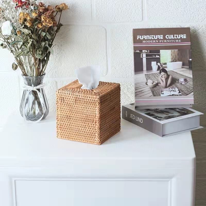 French Nordic rattan weaving Nordic retro creative desktop living room and dining room wooden square tissue box storage
