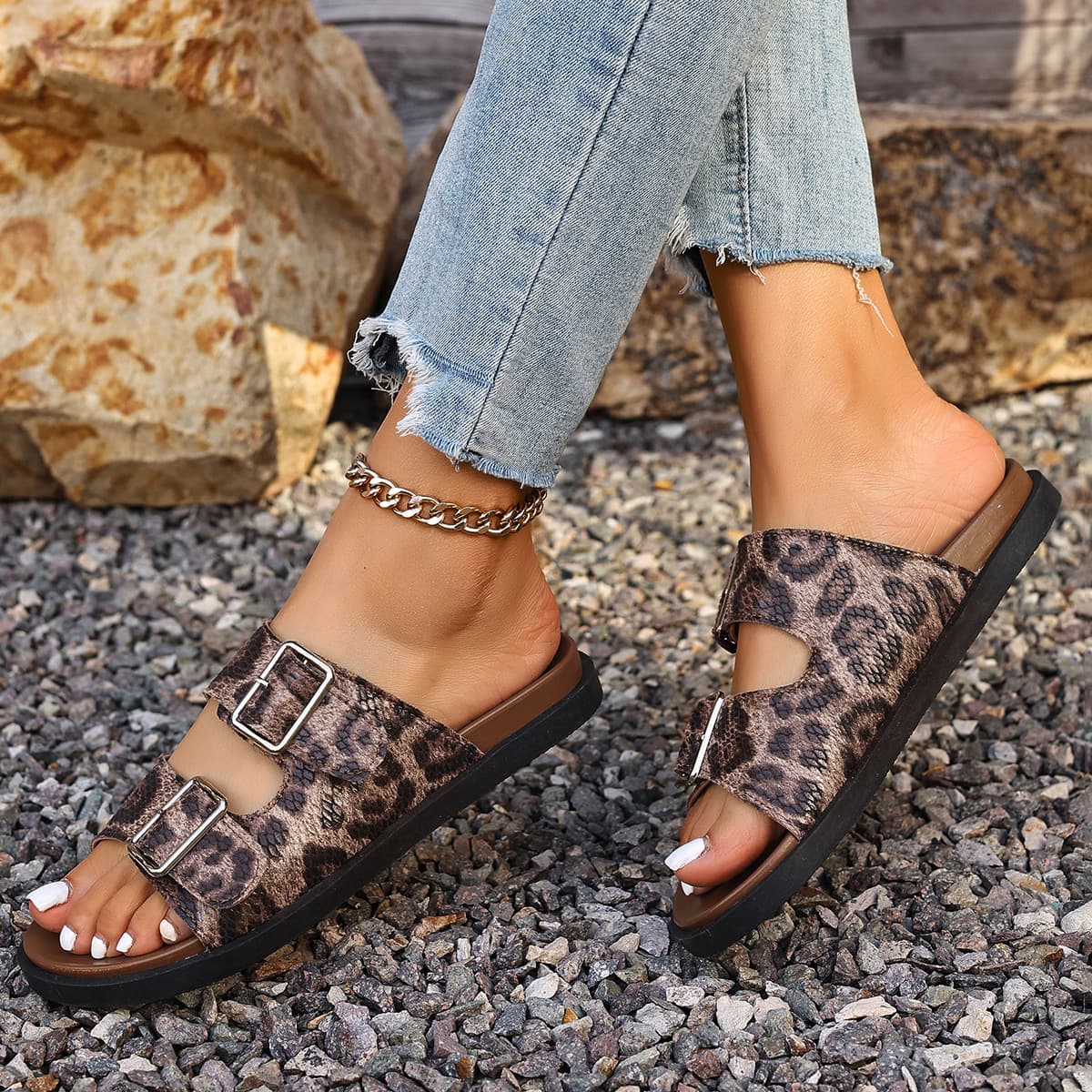 Cross-border European and American Fashion Leopard Print Buckle Slip-On Open-Toe Round-Toe Double-Layer Sole Mule Sandals for Women Birkenstock Style