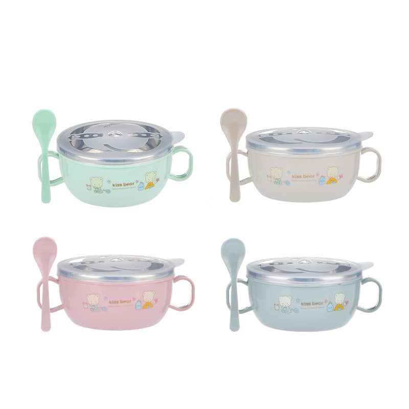 Export Stainless Steel Children's Bowl with Double Handles and Lid - Cartoon Insulated Thermal Bowl with Spoon from Cross-Border Manufacturer