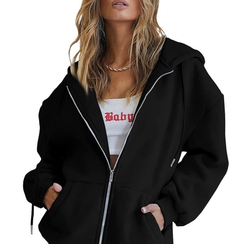 New Cross-border Amazon AliExpress Hoodie Metal Zipper Casual Drawstring Zip-up with Pockets Fleece-lined