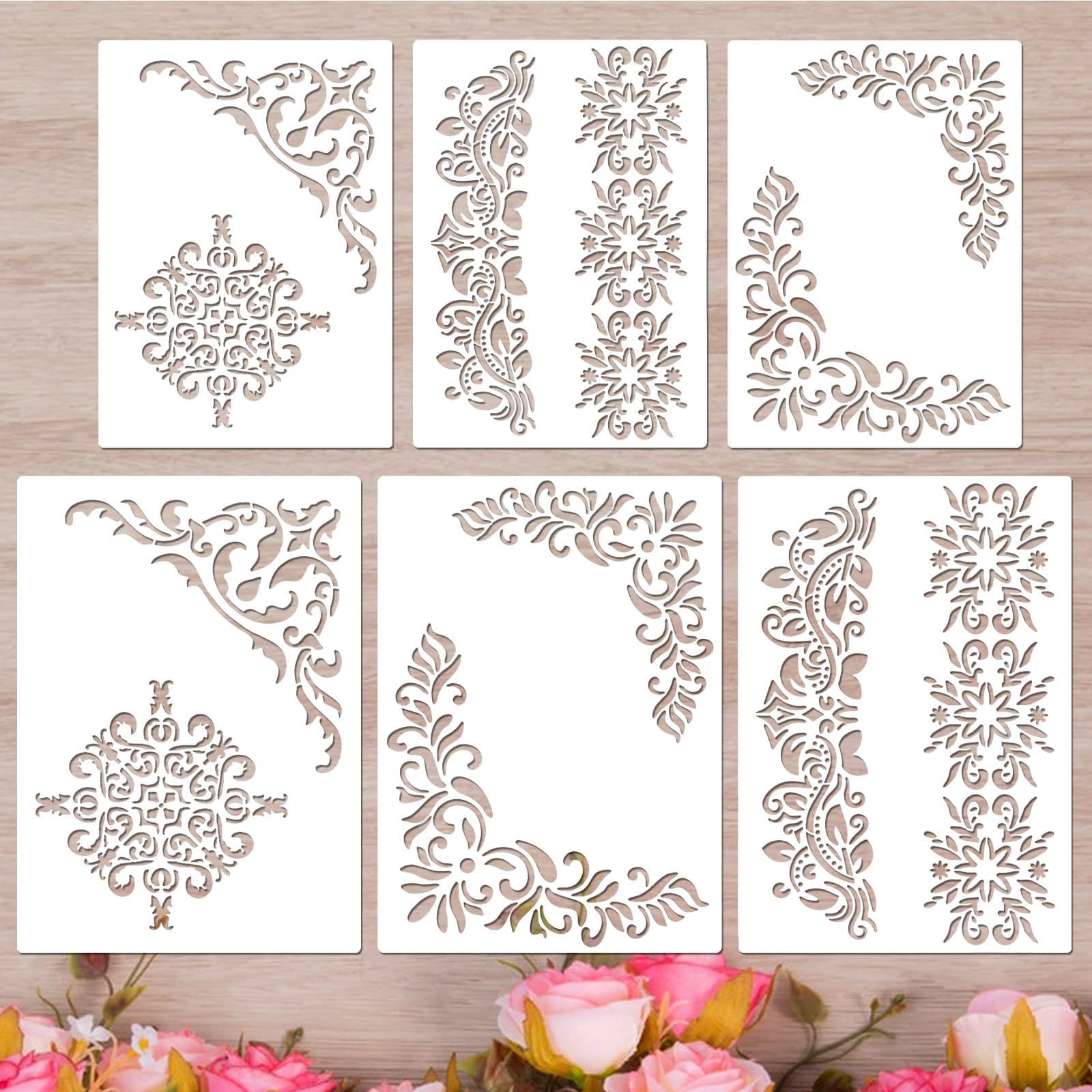 6-Piece Painting Stencils, Vintage Floral Border Stencils, Corner Painting Templates, Reusable
