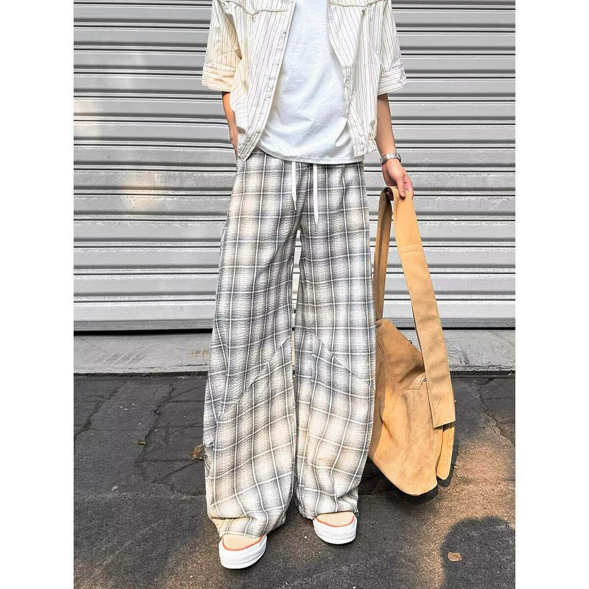 2026 Spring Summer American Retro Plaid Cargo Pants Unisex Streetwear Loose Casual Curved Wide Leg Pants