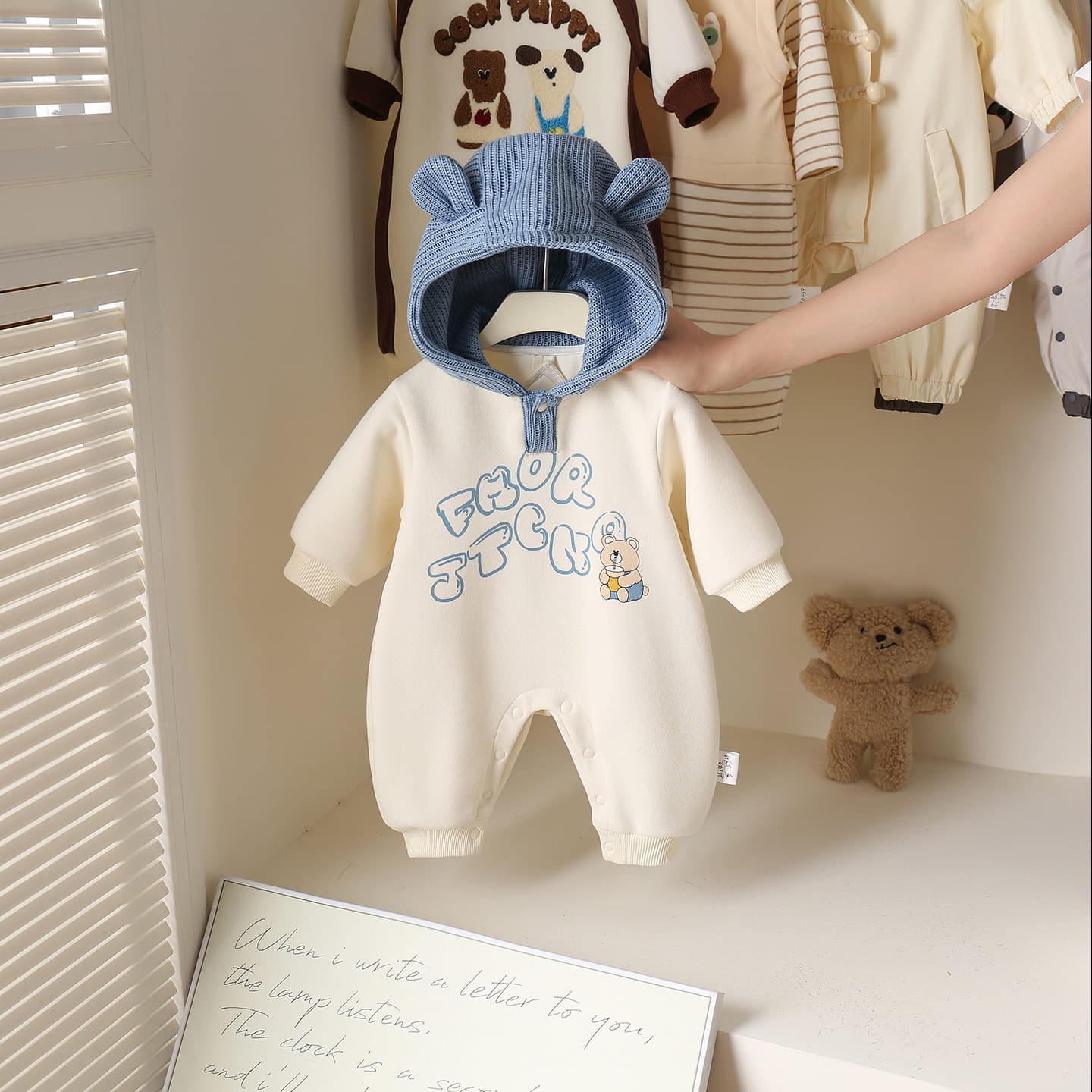 Baby Spring and Autumn Clothes Cartoon Cute Newborn Bear Hooded Outing Clothes Full Moon Hundred Days Infant Jumpsuit