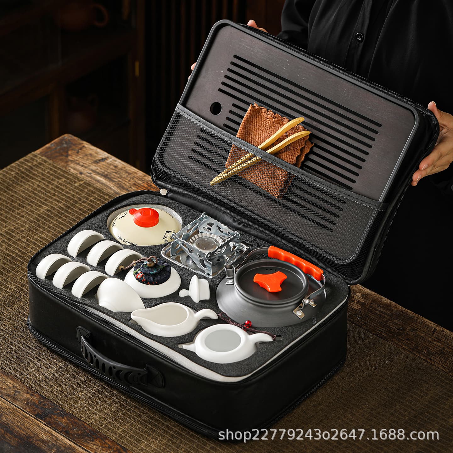 Outdoor Travel Tea Set with Portable Bag - Kung Fu Car-mounted for Camping, Includes Heating Stove and Storage Tea Brewing Pot Equipment