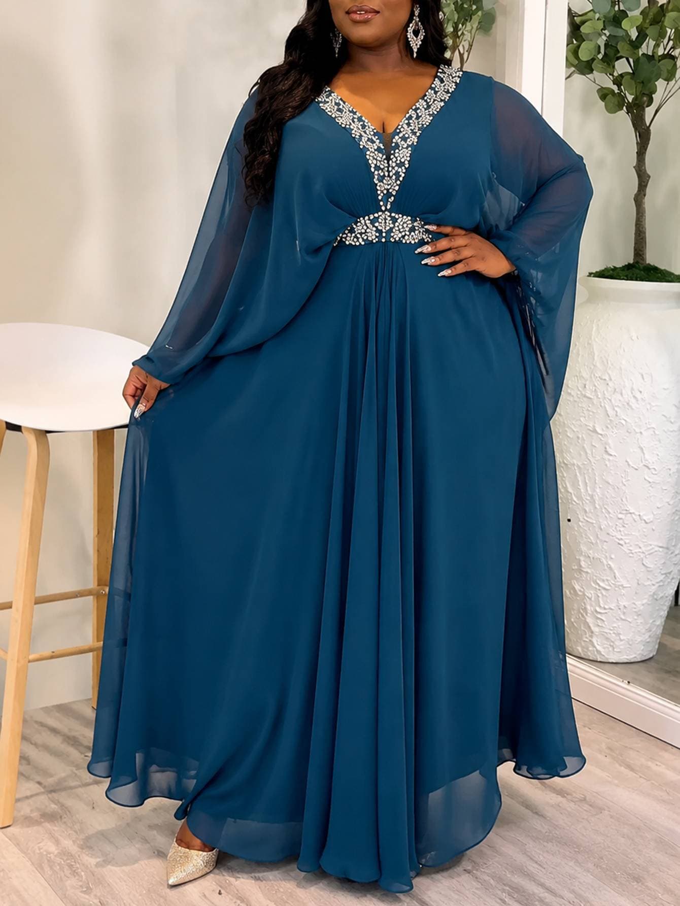 Cross-border Plus Size Women's Beaded V-Neck Dress, Waist-Cinching Batwing Sleeve Elegant Long Chiffon Dress