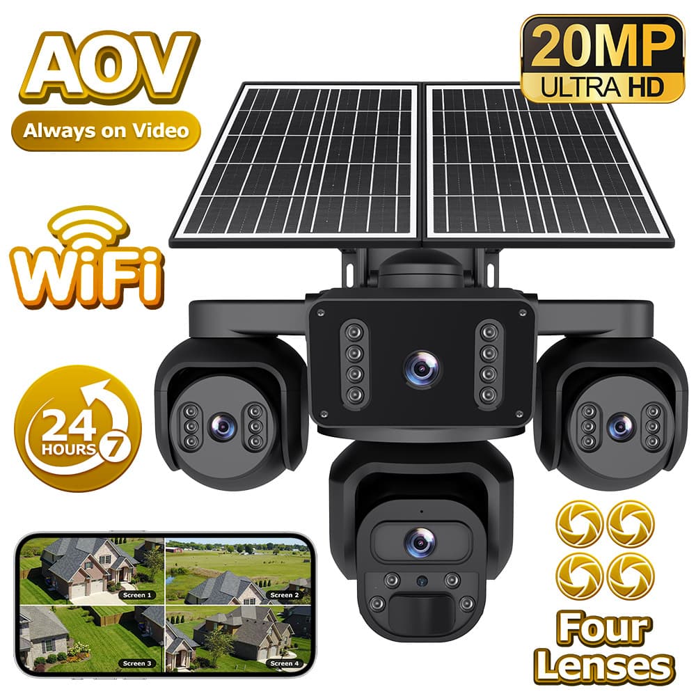 Cross-border New AOV Quad-Lens Solar Camera HD Four-Screen 9MP Outdoor Night Vision Surveillance Camera