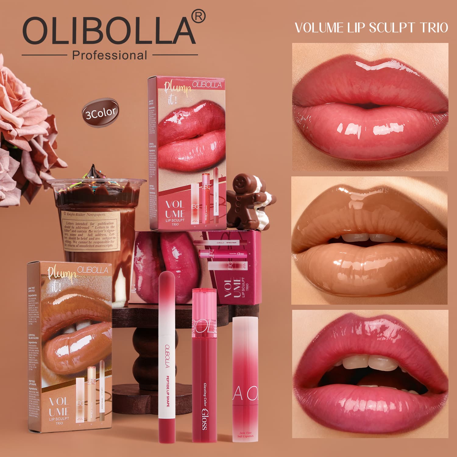 Lip Makeup Set: Lip Liner + Glossy Lip Glaze + Mirror Lipstick, 3-Piece Set, Easy to Apply, Cross-Border Supply