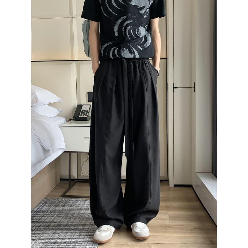 American Retro Old Money Style Imitation Linen Curved Knife Pants Summer Thin Patchwork Pleated Streetwear Versatile Flowing Wide-Leg Pants