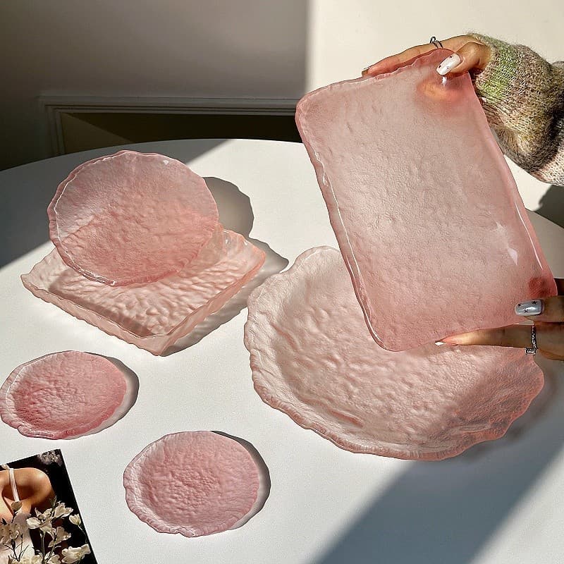 Pink irregular glacier plate ins style household exquisite high-end dessert plate fruit cake dessert glass plate