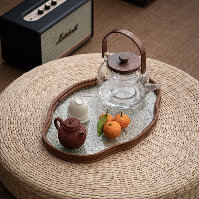 Vintage Begonia Flower Tray Rectangular Tea Tray Home Use Wooden Snack Tray for Tea Cups Tea Set Glass Tray