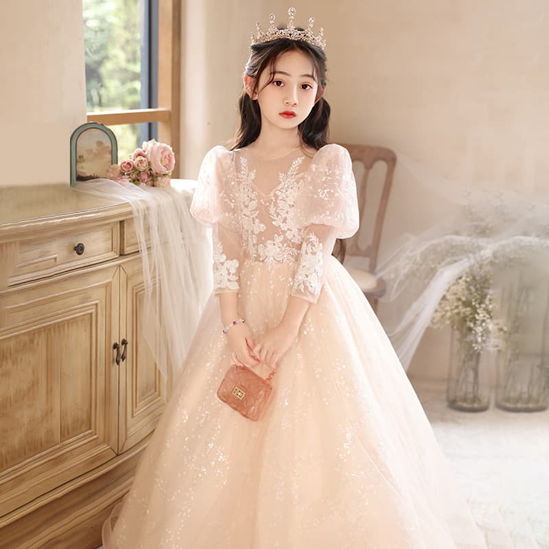 Champagne Color Children's Dress 2026 New Super Fairy Puff Sleeve Puff Gauze Skirt Little Girl New Year's Day Performance Dress