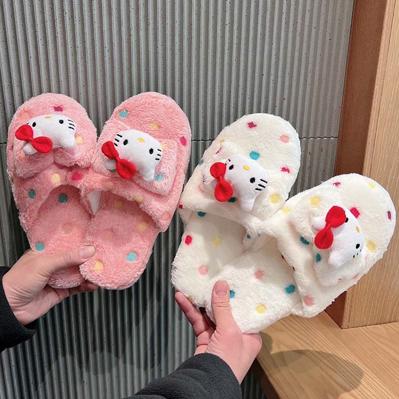 Milky Polka Dot Toe-Toe Furry Slippers for Women Winter New Style Kitten Home Warm Cotton Slippers Wholesale