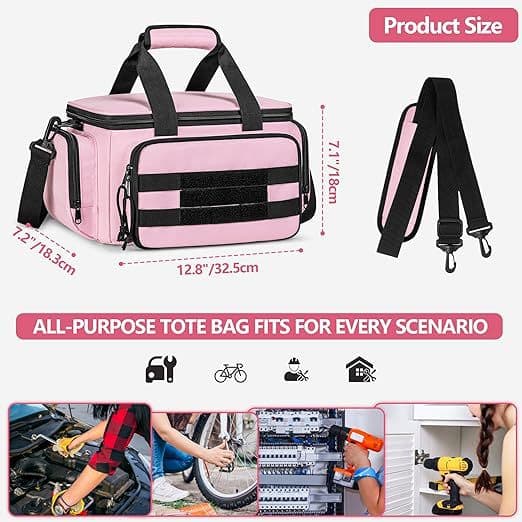 Tool Tote Bag with Anti-Friction Bottom Tool Storage Organizer for Electricians, Carpenters, Repairmen, Pink
