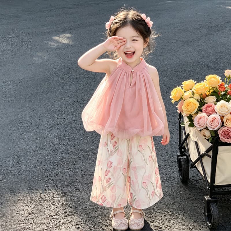 Girls Summer Suit 2026 New Children's Style Girls Clothes Mesh Sleeveless Tulip Wide Leg Pants Two-piece Set