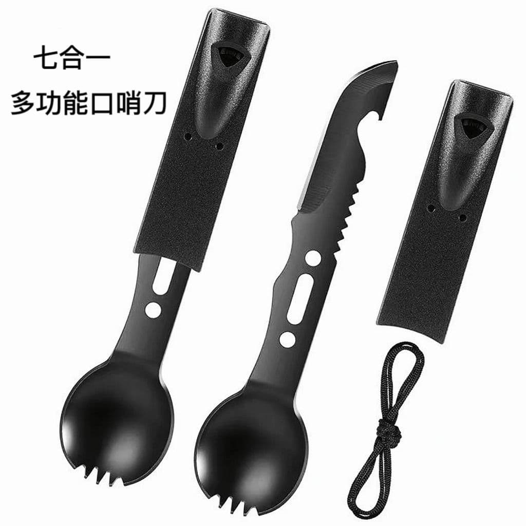 Factory Direct Wholesale Multi-functional Camping Cutlery Fork Knife Spoon Whistle Outdoor Hiking Emergency Survival Tool