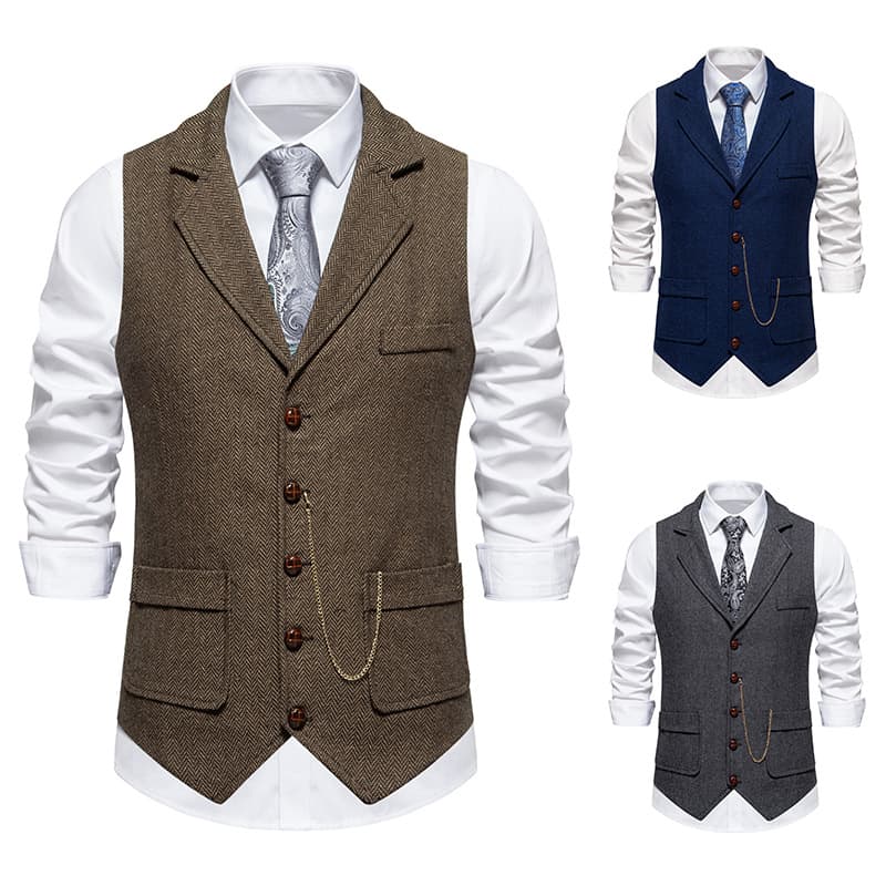 2025 New Foreign Trade European Size Men's Tweed Blazer Collar Vest with Retro Chain Decoration Herringbone Vest