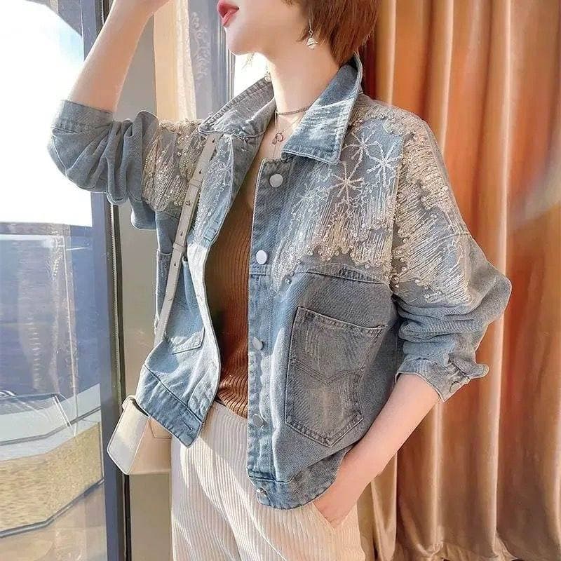 Women's Short Denim Jacket with Design, Niche Casual, Heavy Craft Rhinestone Mesh Top, 2025 Spring/Autumn European Style