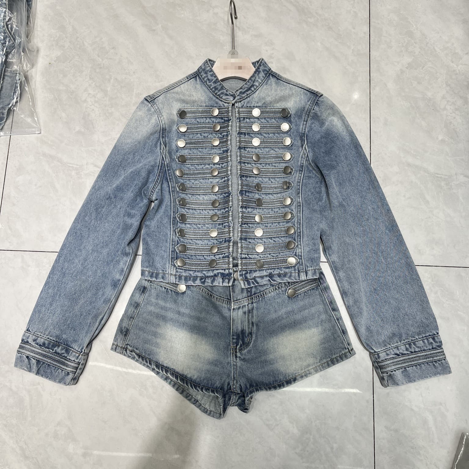Cross-border Amazon American Workwear Style Denim Two-Piece Set High-Waist Slimming Crop Top + Hot Shorts
