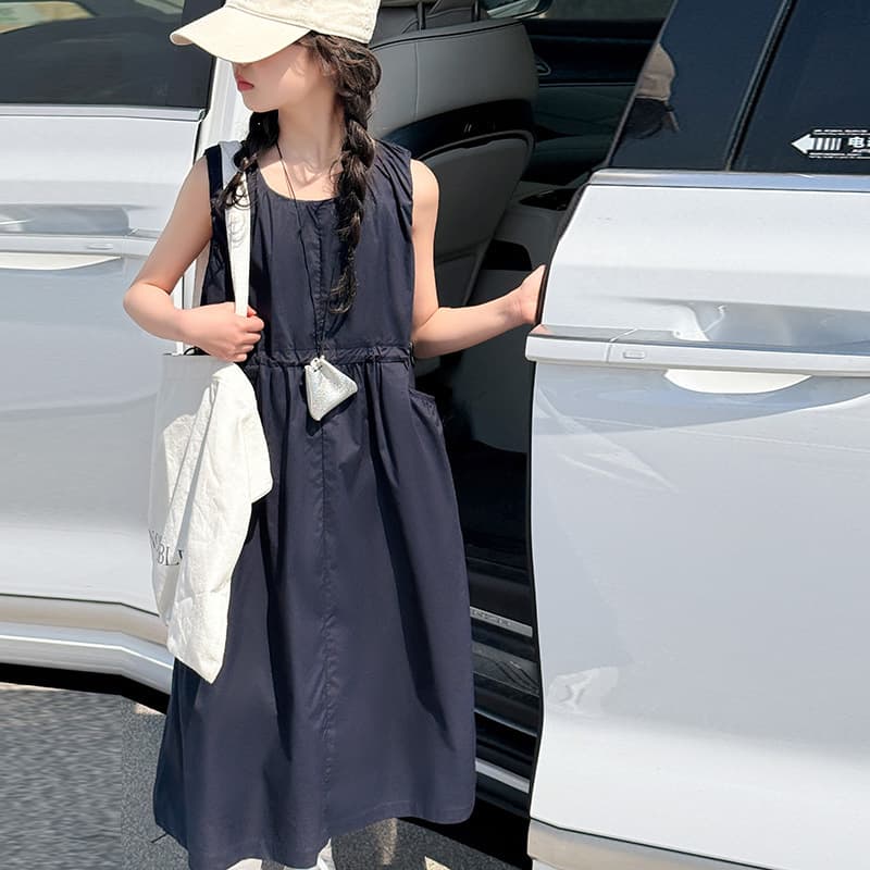 Girls Sleeveless Dress 2026 New Summer Big Kids Cotton Vest Korean Style Drawstring Cargo Skirt