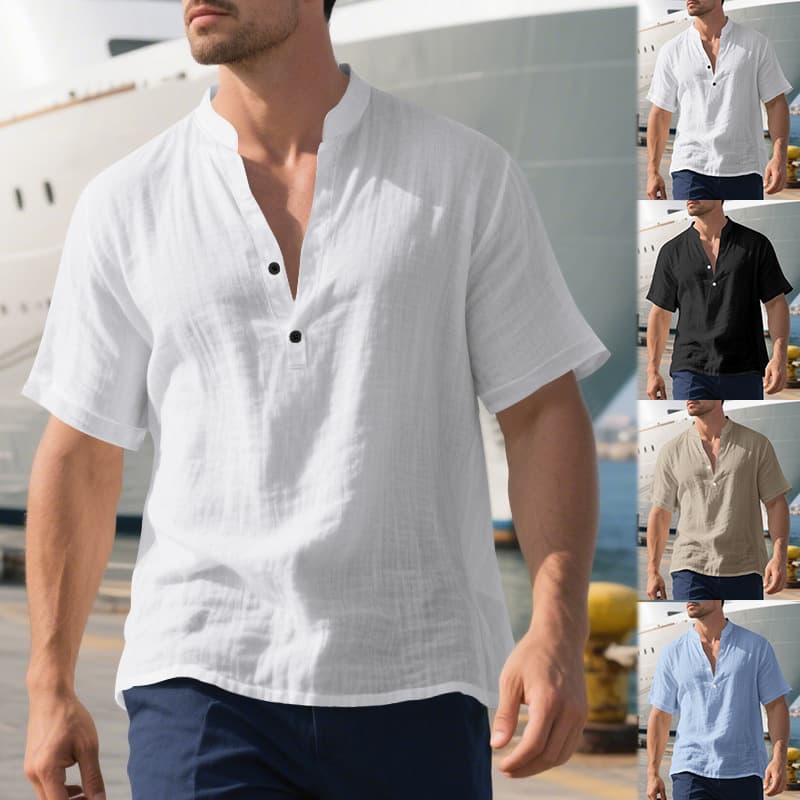 Summer European and American Export Men's Casual Loose Fit Linen Short Sleeve Shirt with Stand-up Collar and Button Closure, Solid Color, Plus Size
