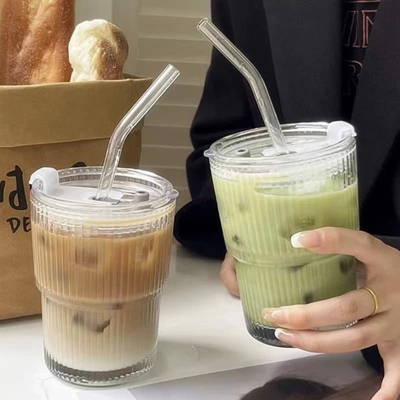 Ins-style vertical striped glass coffee cup, iced Americano cold drink cup, large capacity with lid, bamboo joint cup, water cup