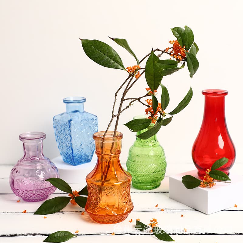Cross-border transparent glass vase set in stock French relief colorful retro vase decorative ornaments crafts
