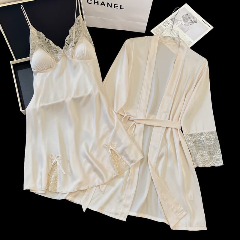 Women's Sexy Pajamas Summer Ice Silk 2025 New Nude Lace High-End Luxury Adjustable Strap Nightgown with Padded Cups