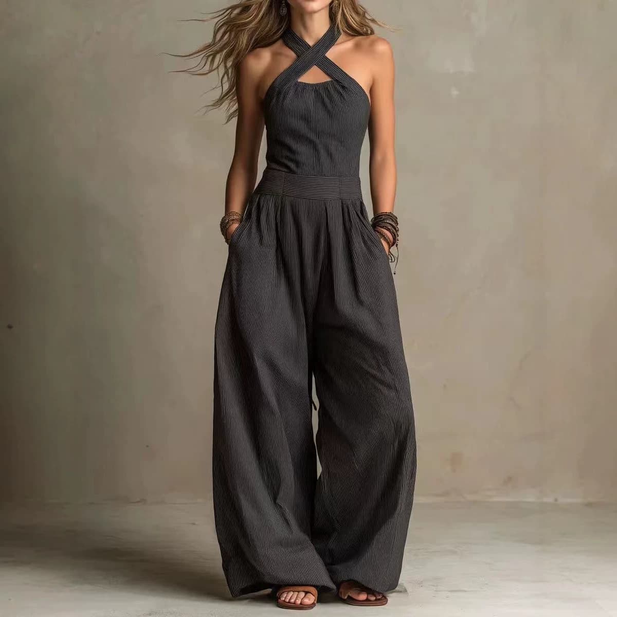 2026 European and American Cross Neck Hollow Jumpsuit Knitted Flowy Loose Wide Leg Jumpsuit