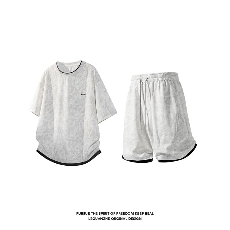 Summer New Short Sleeve T-Shirt Set Men's Trendy Dirty Style Teenager Shorts Fake Two-Layer Set Cross-Border