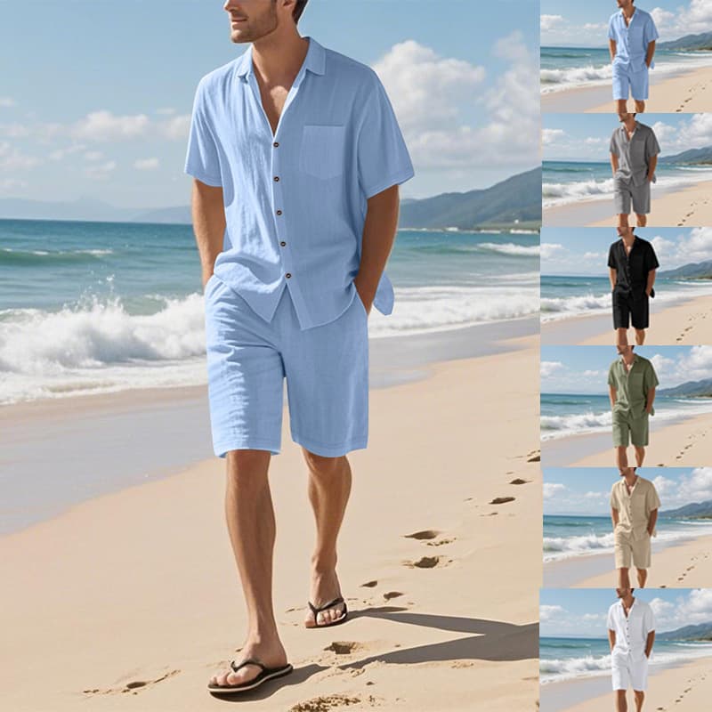 Cross-Border Independent Site Summer Men's Linen Solid Color Lapel Button Casual Breathable Short-Sleeve Shirt Beach Set