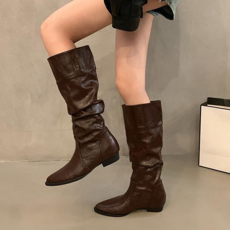 Off-white Chunky Heel Pointed Toe Stacked Boots Long Boots Women's Shoes 2026 New Spring Summer Mid-calf Slim Riding Boots