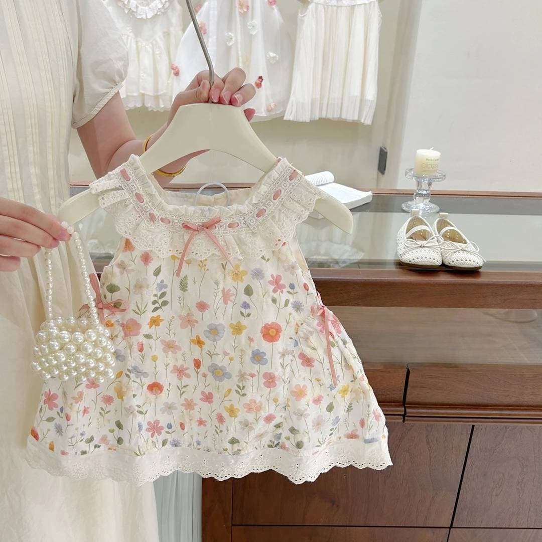 Tian Xiaosi Monet Garden ~ Girls' Sweet Sleeveless Floral Dress Summer Pastoral Style Lace Dress