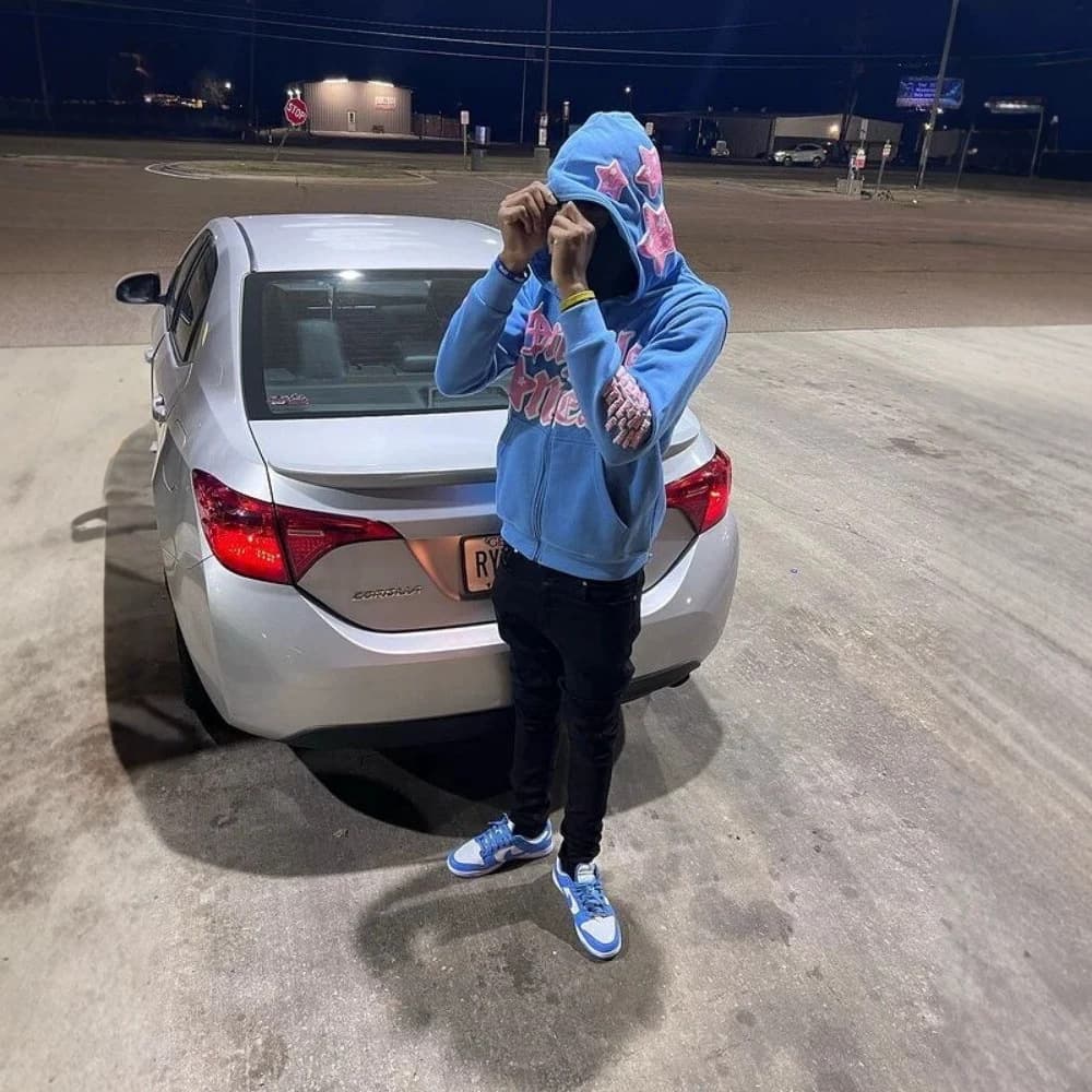 Oversized American Style Light Blue Star Print Zip Hoodie with Pink Star Foam Lettering on Hood