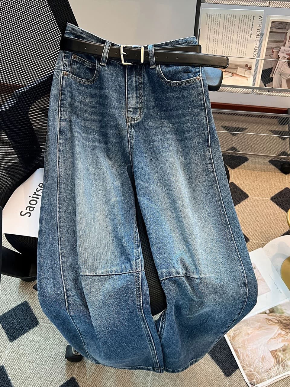Shenzhen Nanyou Women's European American Retro Washed Straight Stitching Scimitar Wide Leg Jeans Women's High Waist
