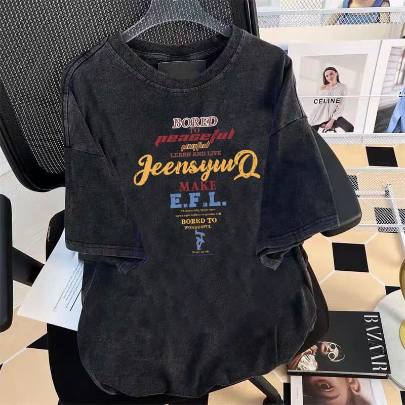 Stylish Niche Strawberry Bear Short Sleeve T-Shirt for Women 2024 New Summer Loose Washed Distressed Pure Cotton Top