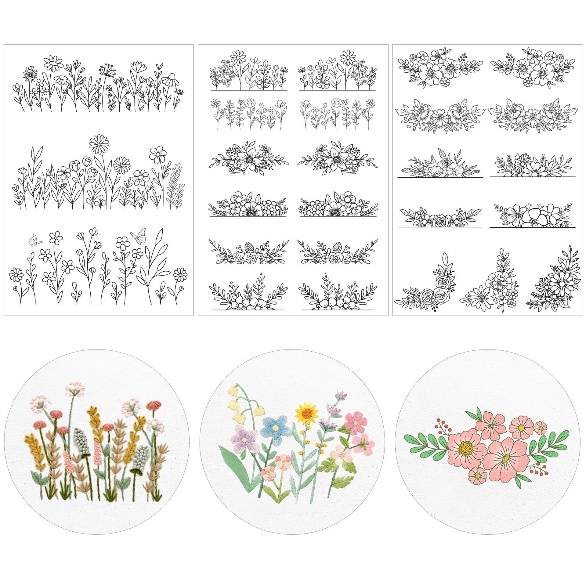 Wash off 3 sheets of embroidery paper and needlework paper; stabilizer; floral and leaf pattern; includes 9 embroidery stitch videos.