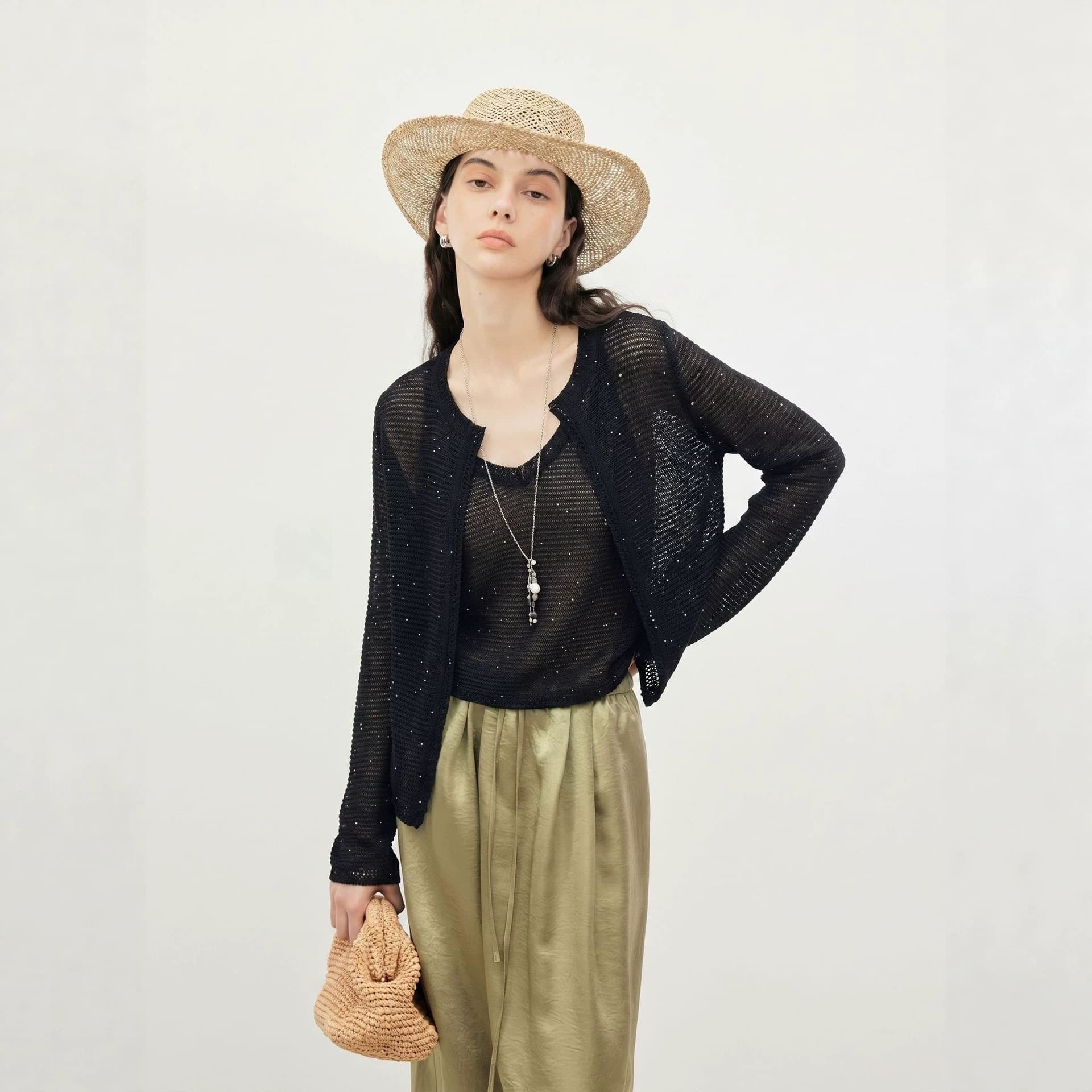 2026 Summer New Sequined Hollow Knit Cardigan Lightweight Sun Protection Long Sleeve Luxury Relaxed Cover-Up