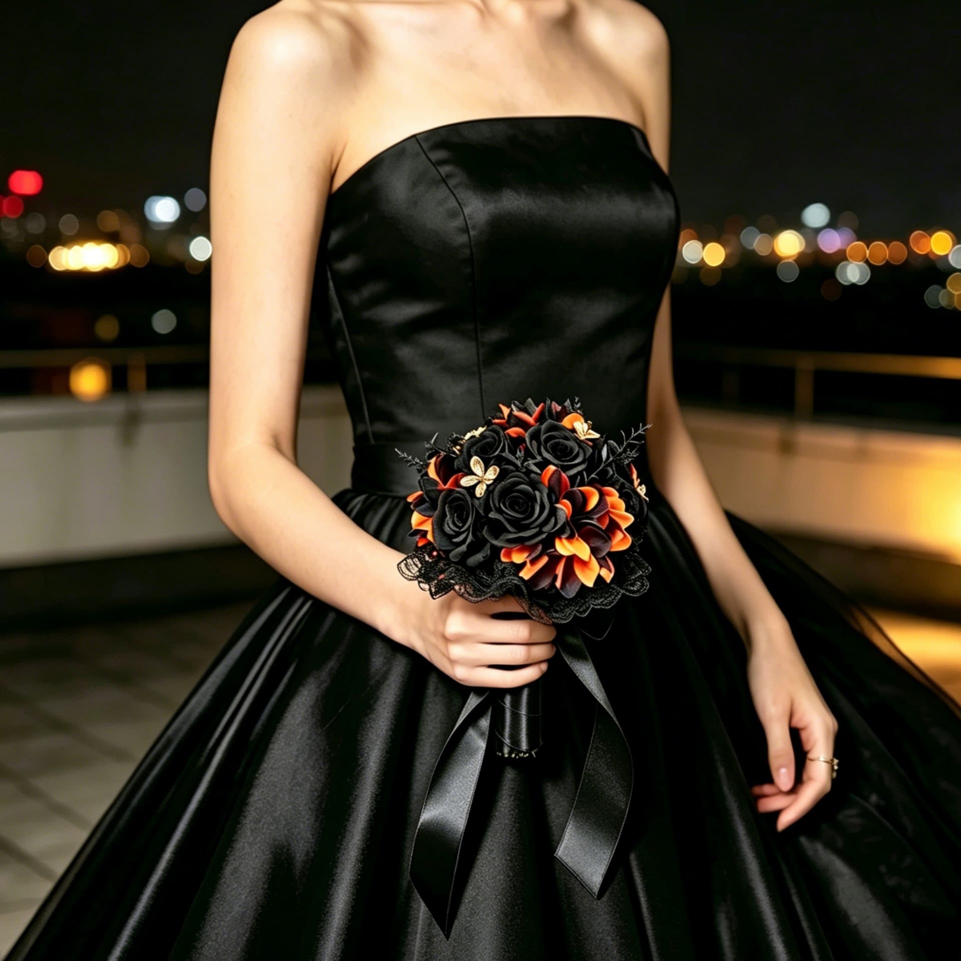 Halloween Gothic Black and Orange Rose Bouquet Dark Wedding Bride Artificial Satin Bouquet Lace Black Ribbon