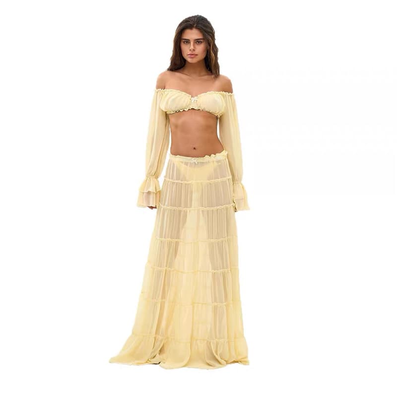 26 summer European and American niche goddess sexy holiday style bra-covered belly short top + elegant mid-length skirt suit