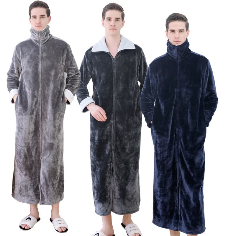 New Winter Thickened Extended Zipper Bathrobe for Men, Plus Size Flannel Warm Onesie Pajamas