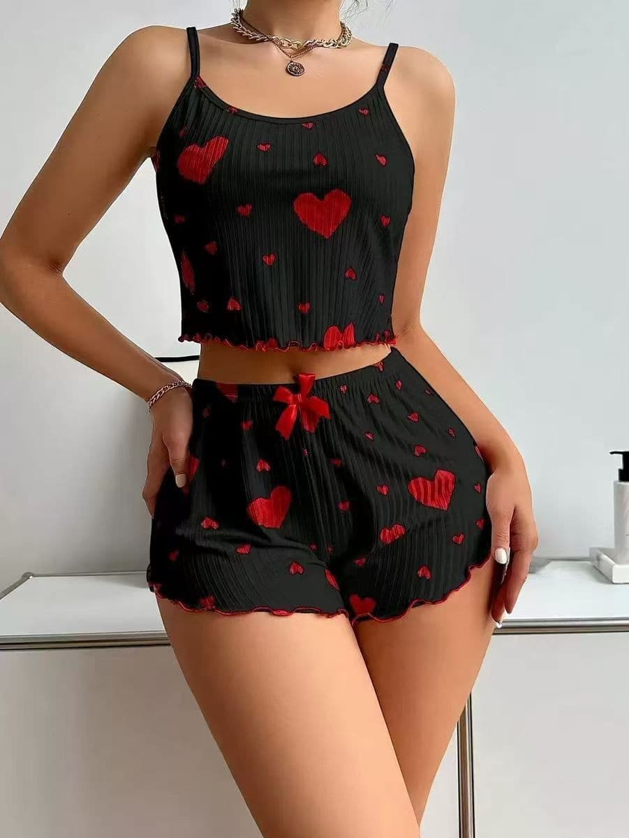 Cross-Border Best Seller Women's Homewear Heart Print Camisole & Shorts Casual Ribbed Lounge Set European and American Style Women's Pajamas