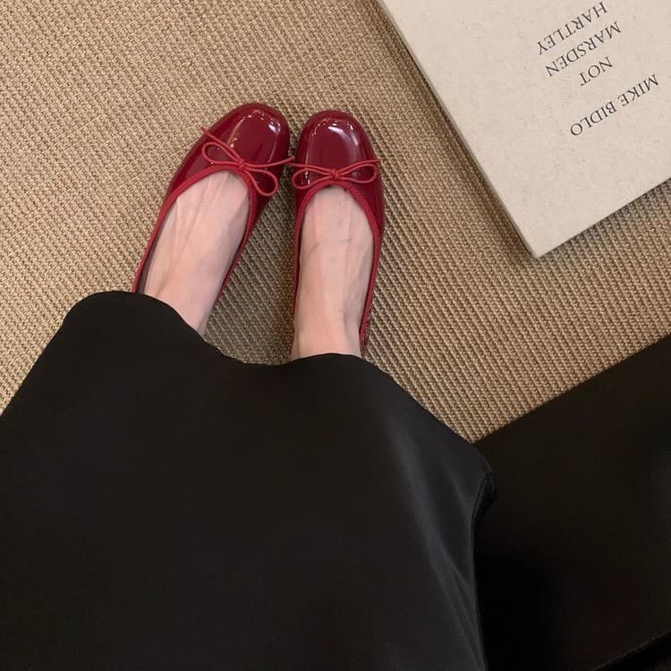 Evening Breeze Bowknot Red Ballet Flats for Women 2025 Spring New French Style Soft Sole Flat Shoes
