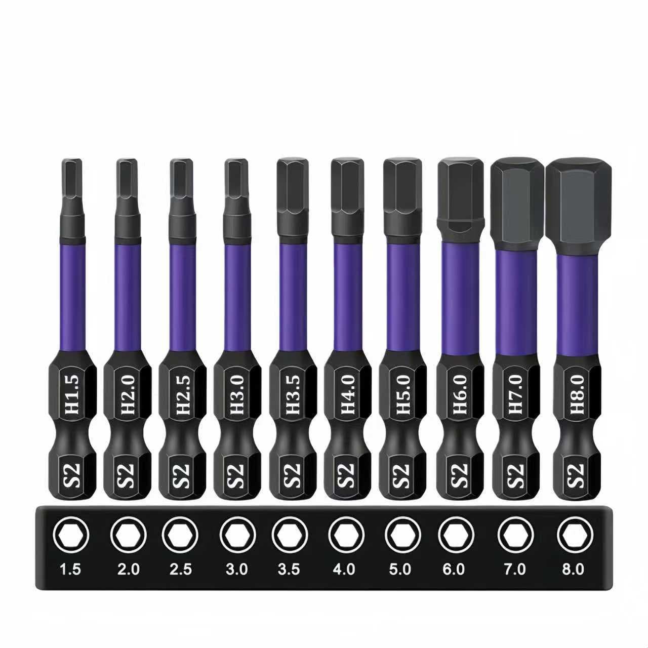 10-Piece Purple 50mm Hex Pneumatic Screwdriver Bit Set, S2 Steel, Strong Magnetic, Phosphated Black Anti-Rust Screwdriver Bits