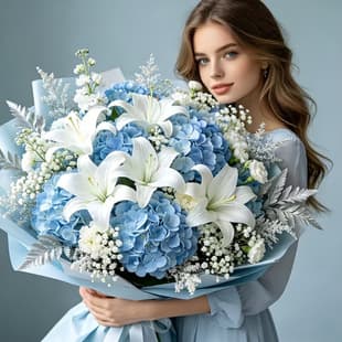 20pcs Artificial Realistic Hydrangea with Lily and Baby's Breath Bouquet Blue Handheld Fake Flowers