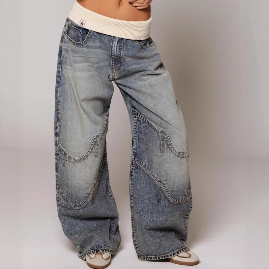 American Vintage Street Washed Distressed Blue Jeans Unisex Straight Loose Design Casual Denim Pants